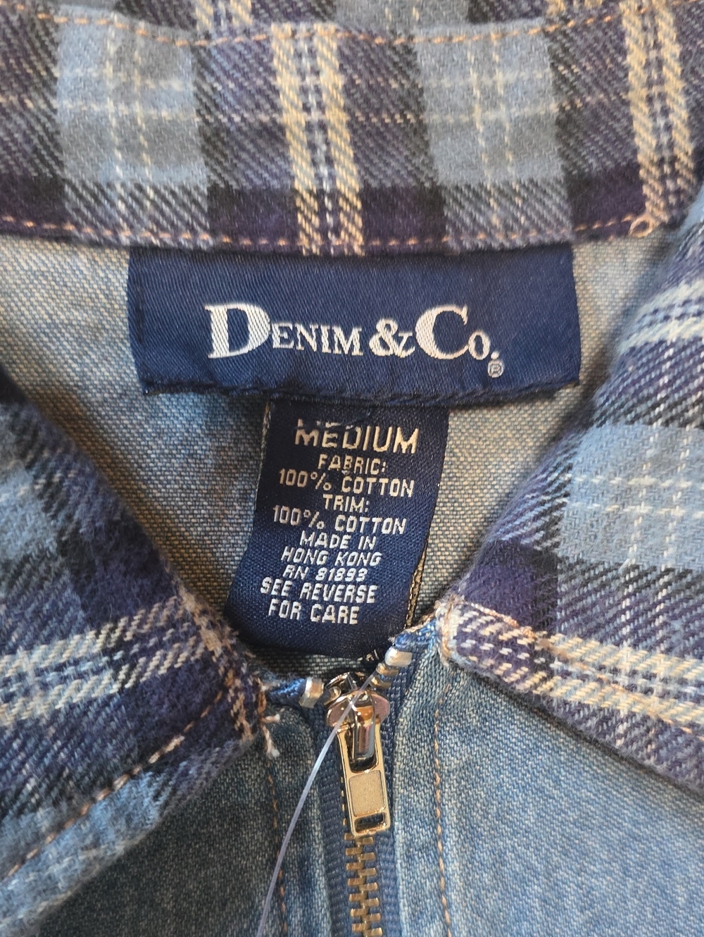 Denim & Co NWT Women's Full Zip Blue Denim Jacket with Navy Plaid Trim M - Picture 4 of 9